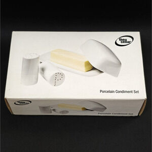 Macys The Cellar WHITEWARE Covered Stoneware Butter Dish Salt Pepper Set NEW NIB